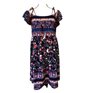 Knox Rose Women's Cottage Core Off Shoulder Floral Blue Dress Hippie Boho Medium